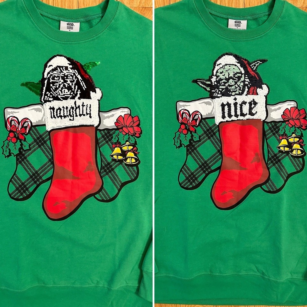 Star Wars Yoda Darth Vader‎ Naughty Nice Reversible Sequin Sweatshirt Large NWT